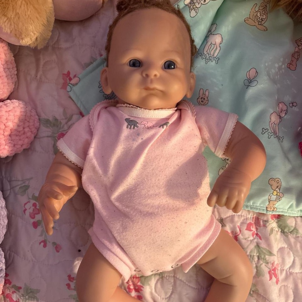 Ashton Drake Baby Doll Girl with Brown Curly Hair Pink Outfit Vinyl Cloth 2017